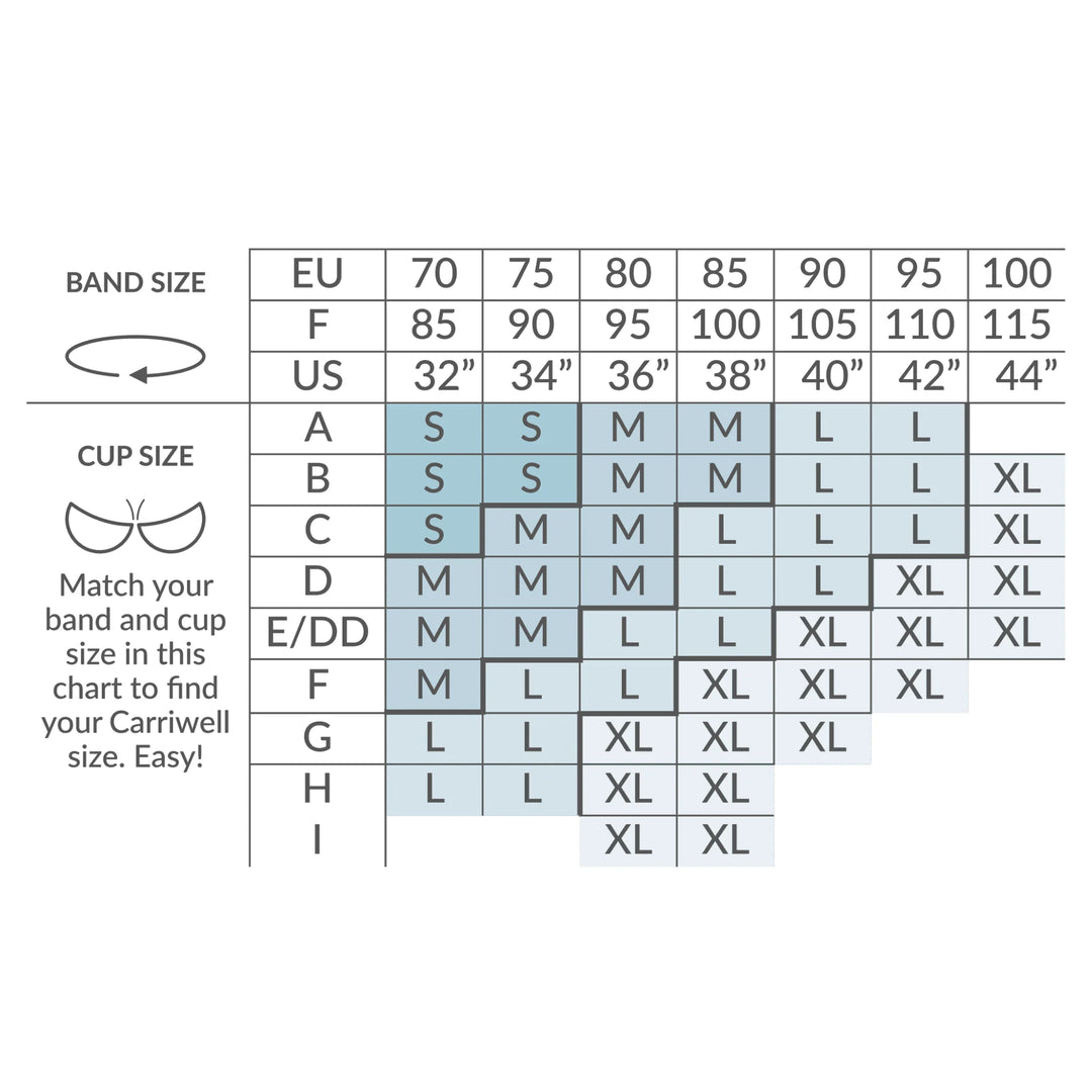 Size chart for the Carriwell Maternity and Nursing Bra