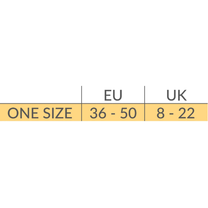 Carriwell maternity hospital pants size chart showing one-size fit, suitable for EU sizes 36–50 and UK sizes 8–22, designed to comfortably adapt throughout pregnancy, labour and postnatal recovery.