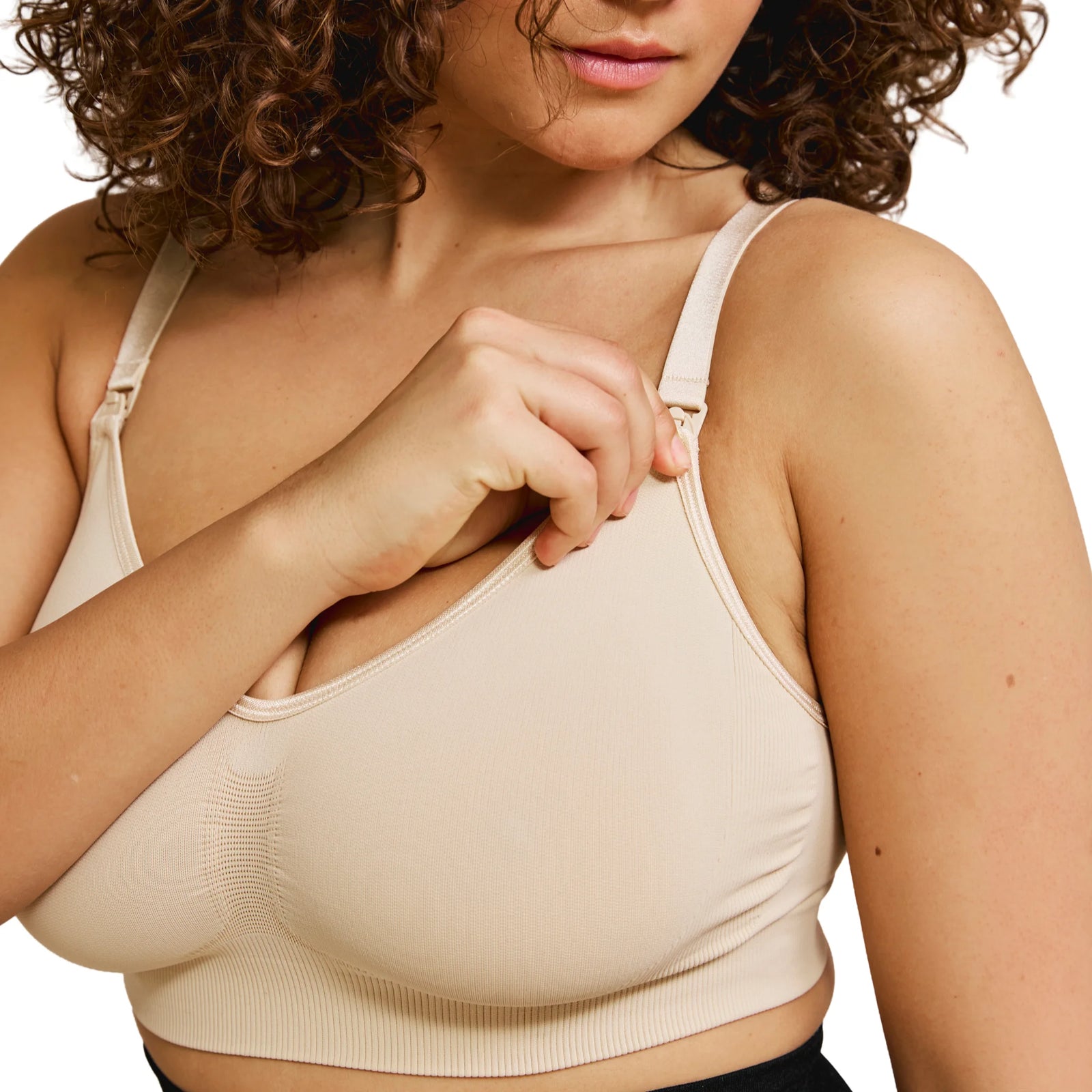 “Close-up of Carriwell maternity & nursing bra in Honey showing easy-release nursing clip on strap.”