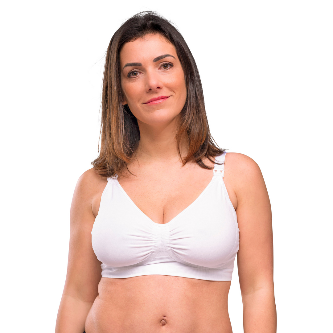 This image shows the Carriwell Supportive Maternity and Nursing bra on a smiling model.