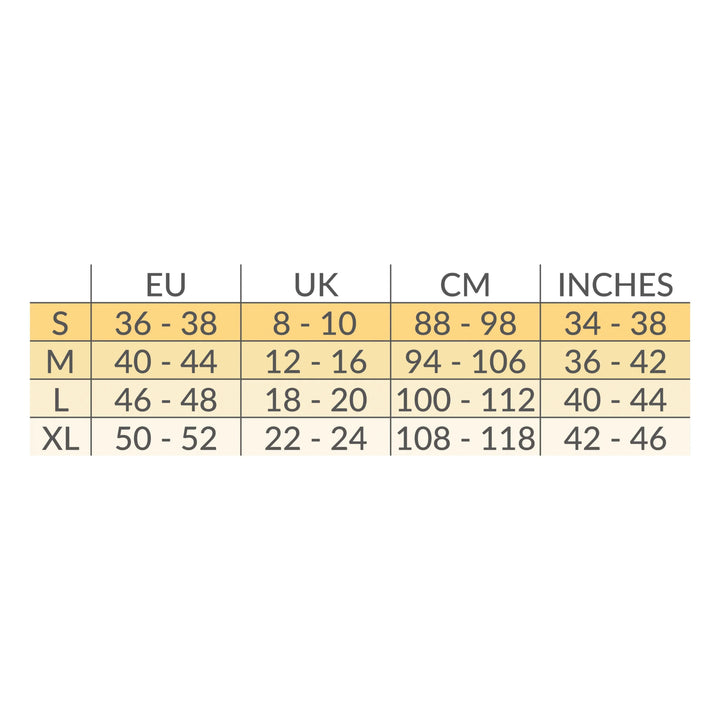 Carriwell maternity support band size chart showing EU and UK sizes with waist measurements in centimetres and inches to help choose the correct pregnancy support band size.