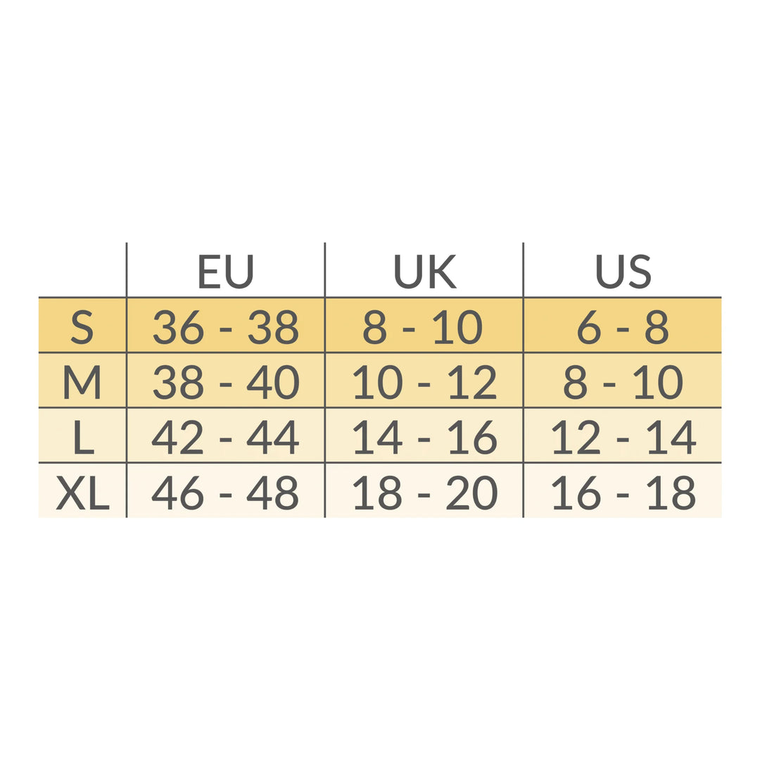 Carriwell maternity support panty size chart showing EU, UK and US size conversions to help choose the correct maternity underwear size during pregnancy.
