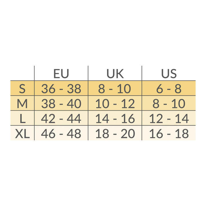 Carriwell maternity support panty size chart showing EU, UK and US size conversions to help choose the correct maternity underwear size during pregnancy.