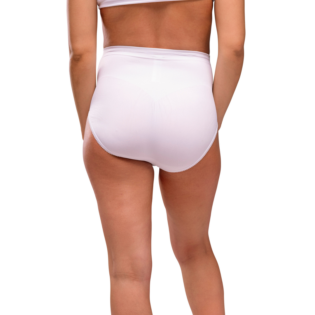 This image shows the back of the Carriwell maternity support pants in white on a model