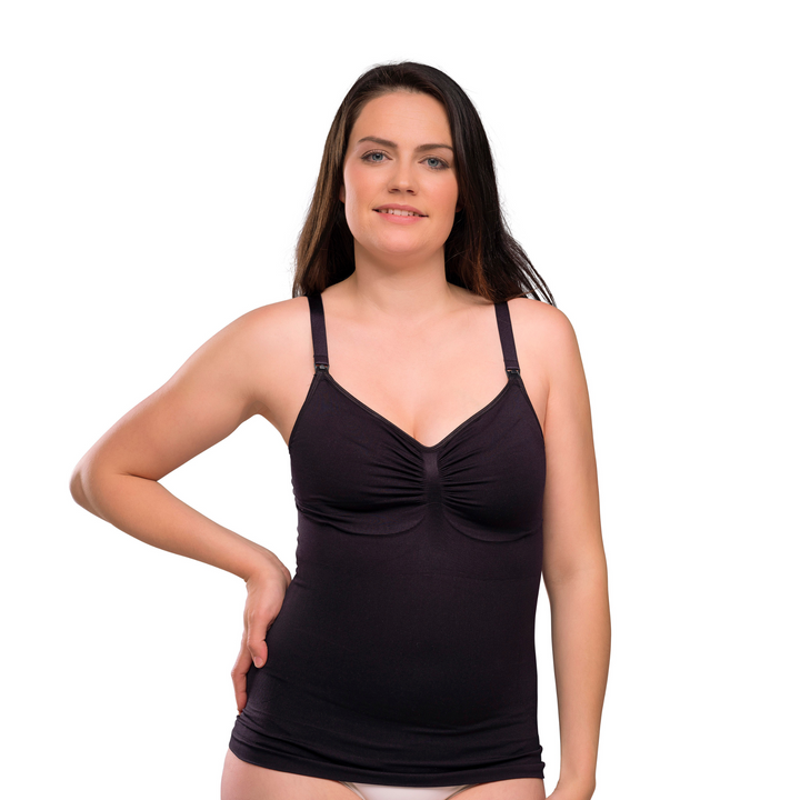 This image shows a model wearing the black nursing top.