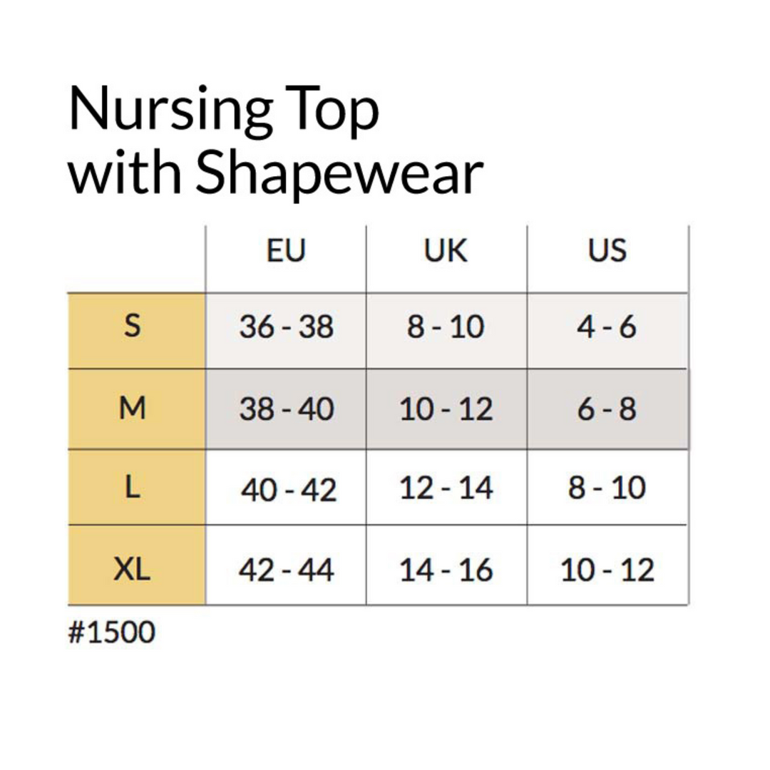 This image is the size chart for the Carriwell nursing top with shapewear.