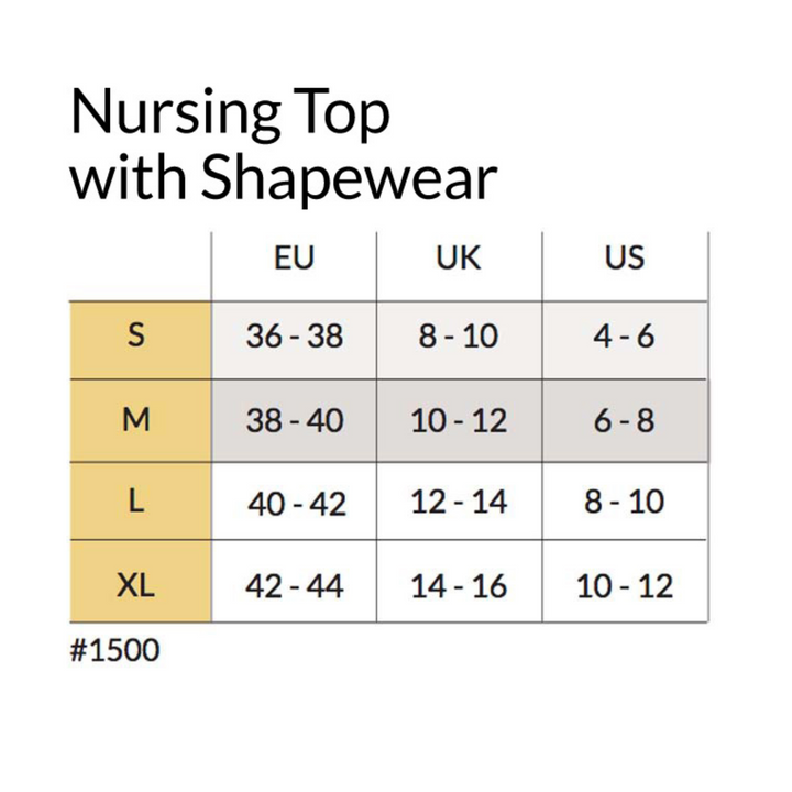 This image is the size chart for the Carriwell nursing top with shapewear.