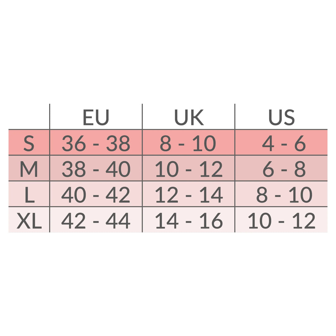 Carriwell nursing top with shapewear size chart showing EU, UK and US sizing from small to extra large, helping mums choose the correct fit for maternity and breastfeeding support.