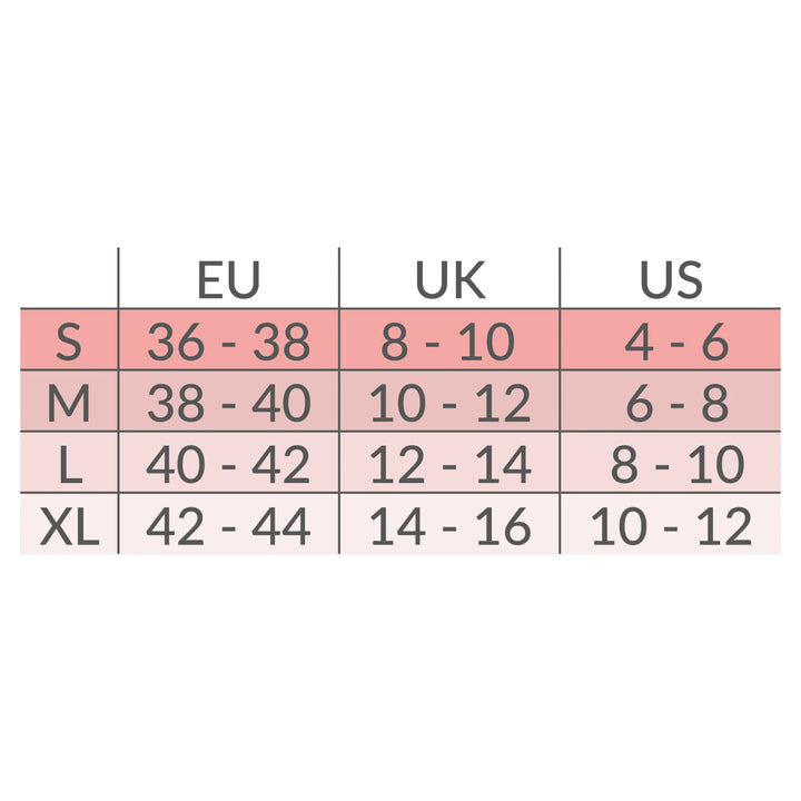 Carriwell nursing top with shapewear size chart showing EU, UK and US sizing from small to extra large, helping mums choose the correct fit for maternity and breastfeeding support.