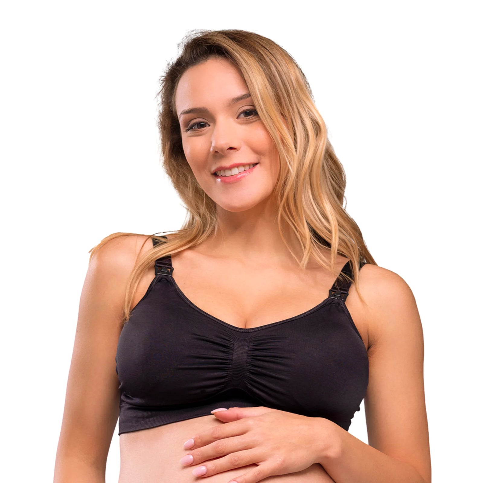 Woman wearing the padded Carriwell maternity and nursing bra on a white background.