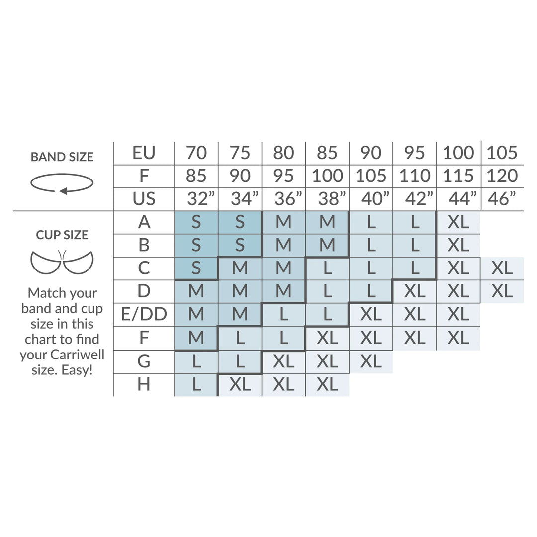 Size chart for the Carriwell padded maternity and nursing bra.