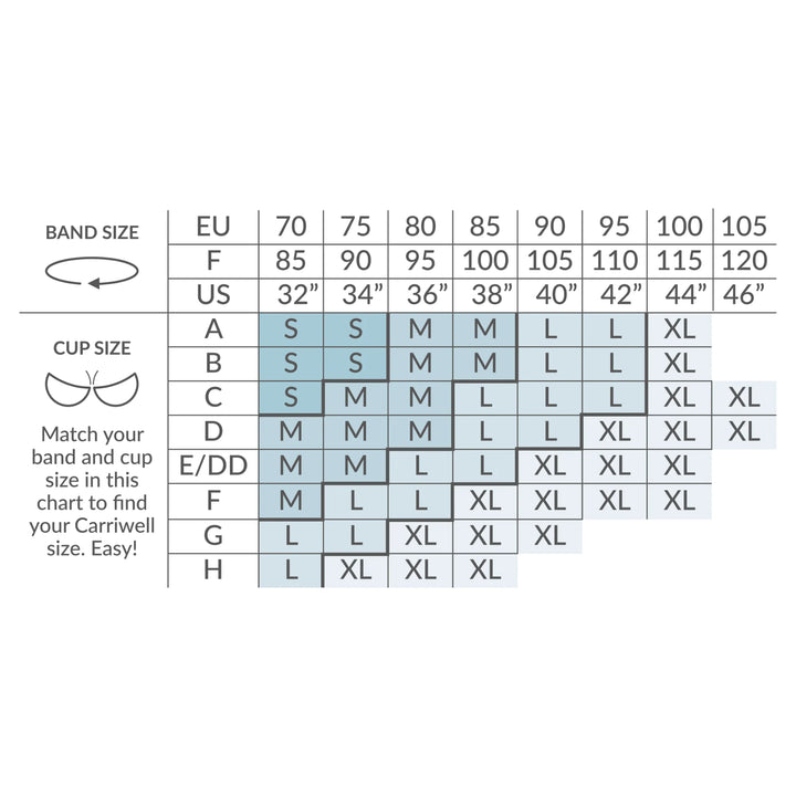 Size chart for the Carriwell padded maternity and nursing bra.