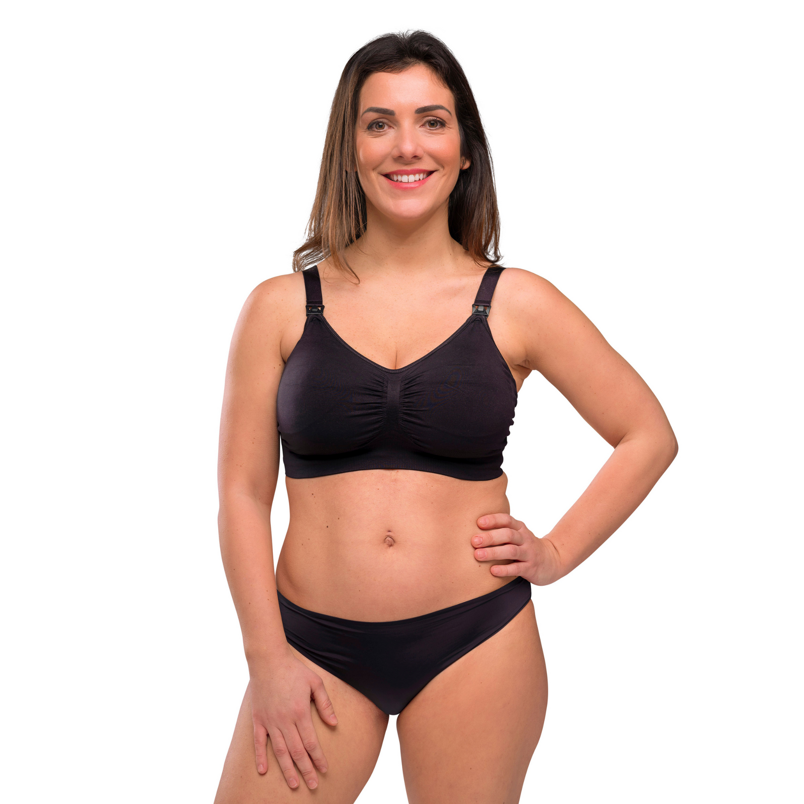 This image shows the padded Carriwell Maternity and Nursing bra on a smiling mum.