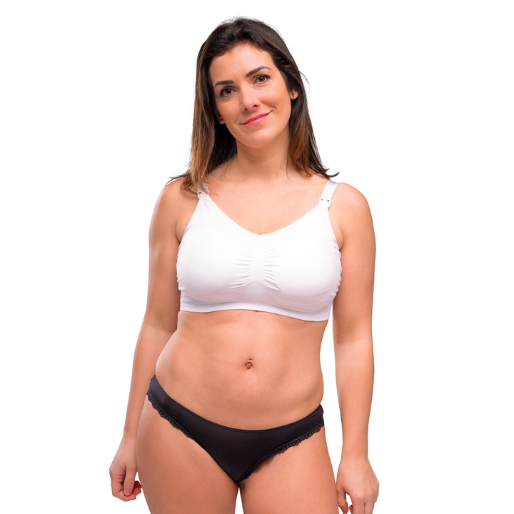 This is an image of the Carriwell padded maternity and nursing bra in white on a model.