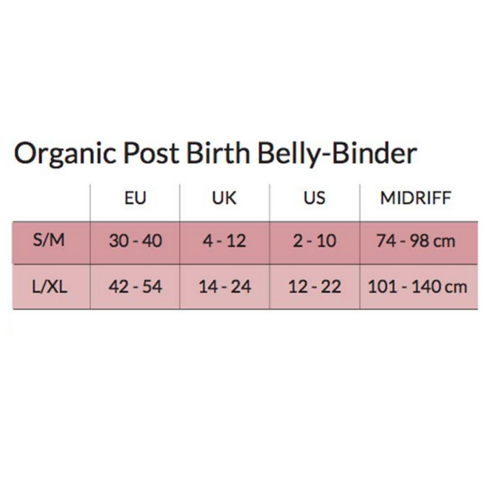 This is a size chart for the post birth belly binder.