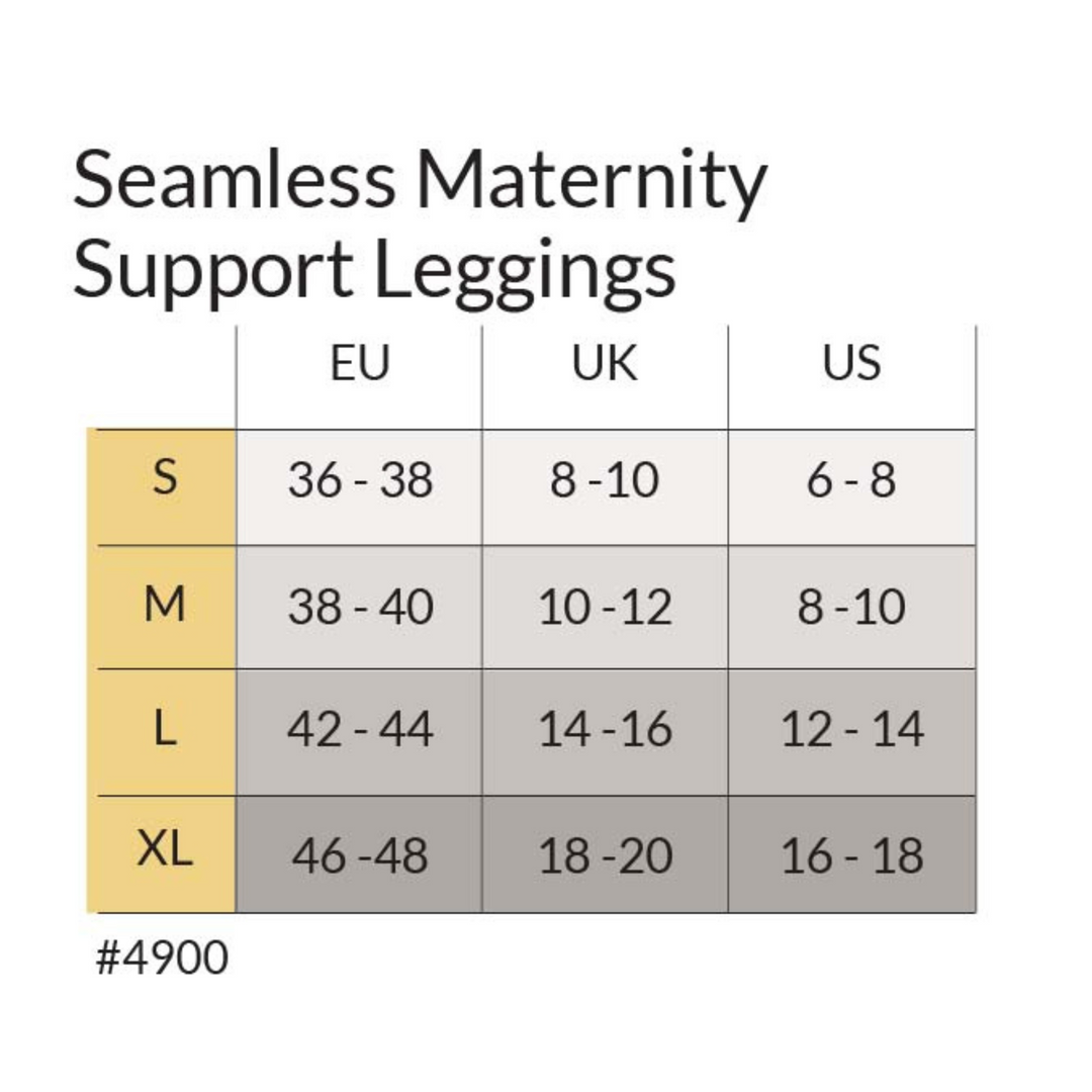 This is the size chart for the maternity support leggings. Size S is UK 8-10. M is UK 10-12. L is 14-16 and XL is 18-20.