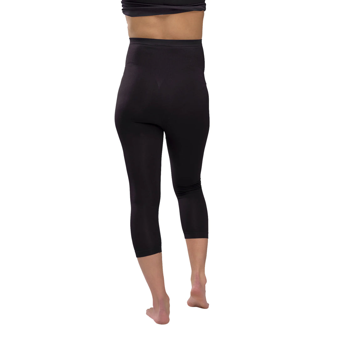 Back view of Carriwell three-quarter length maternity support leggings in black, showing high-waisted fit, smooth seamless design and supportive fabric for pregnancy comfort.