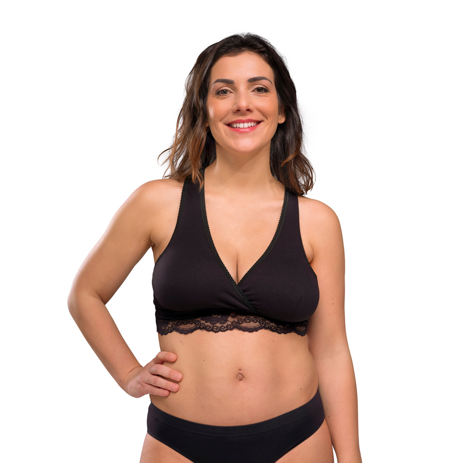 Carriwell Crossover Sleeping and Nursing Bra in black on a model