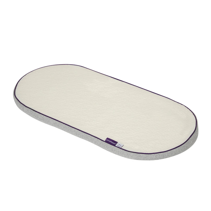 Oval-shaped ClevaFoam Moses Basket Mattress with a cream top surface, grey sides, and purple trim, displayed on a white background.