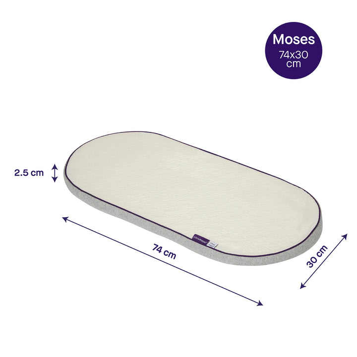 Oval ClevaFoam Moses Basket Mattress shown with dimensions labelled: 74 cm in length, 30 cm in width, and 2.5 cm in depth. A purple circle in the corner indicates the mattress size: Moses 74×30 cm