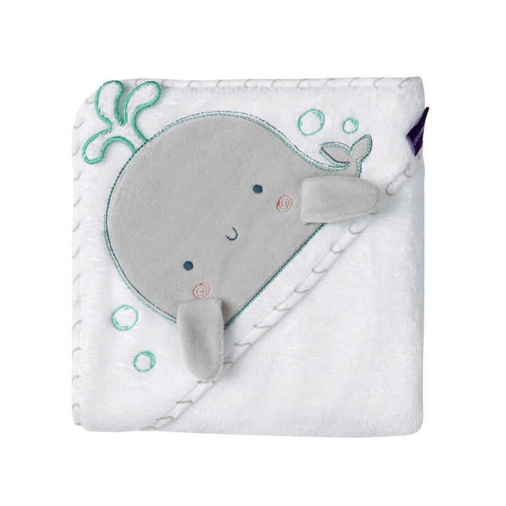 ClevaMama Baby Hooded Towel with Whale design — ultra-soft and absorbent cotton towel for newborns and toddlers, gentle on delicate skin and perfect for cozy bath time cuddles.