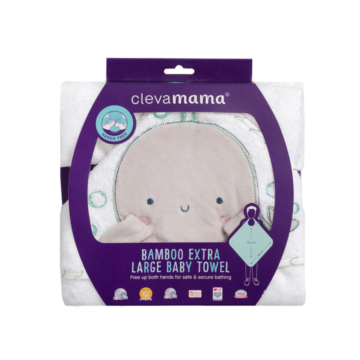 ClevaMama Bamboo Extra Large Baby Hooded Towel with Octopus Design – eco-friendly bamboo bath towel for newborns, infants, and toddlers, ultra-soft and absorbent, hands-free safety feature for stress-free bathtime.