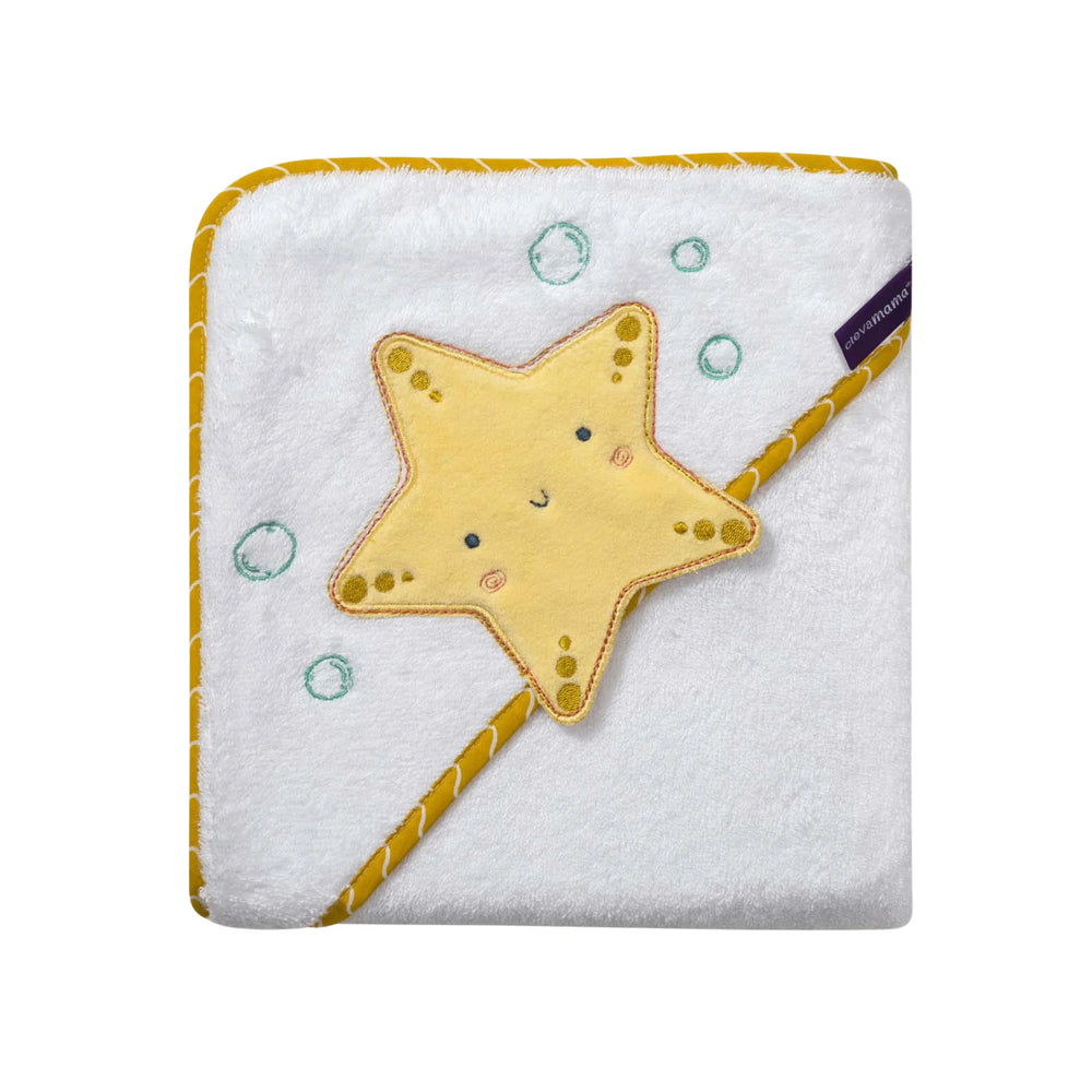 ClevaMama Baby Hooded Towel with Starfish design — soft, absorbent cotton baby towel for newborns and toddlers, gentle on sensitive skin and perfect for bath time comfort.