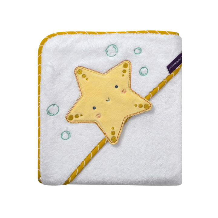ClevaMama Baby Hooded Towel with Starfish design — soft, absorbent cotton baby towel for newborns and toddlers, gentle on sensitive skin and perfect for bath time comfort.