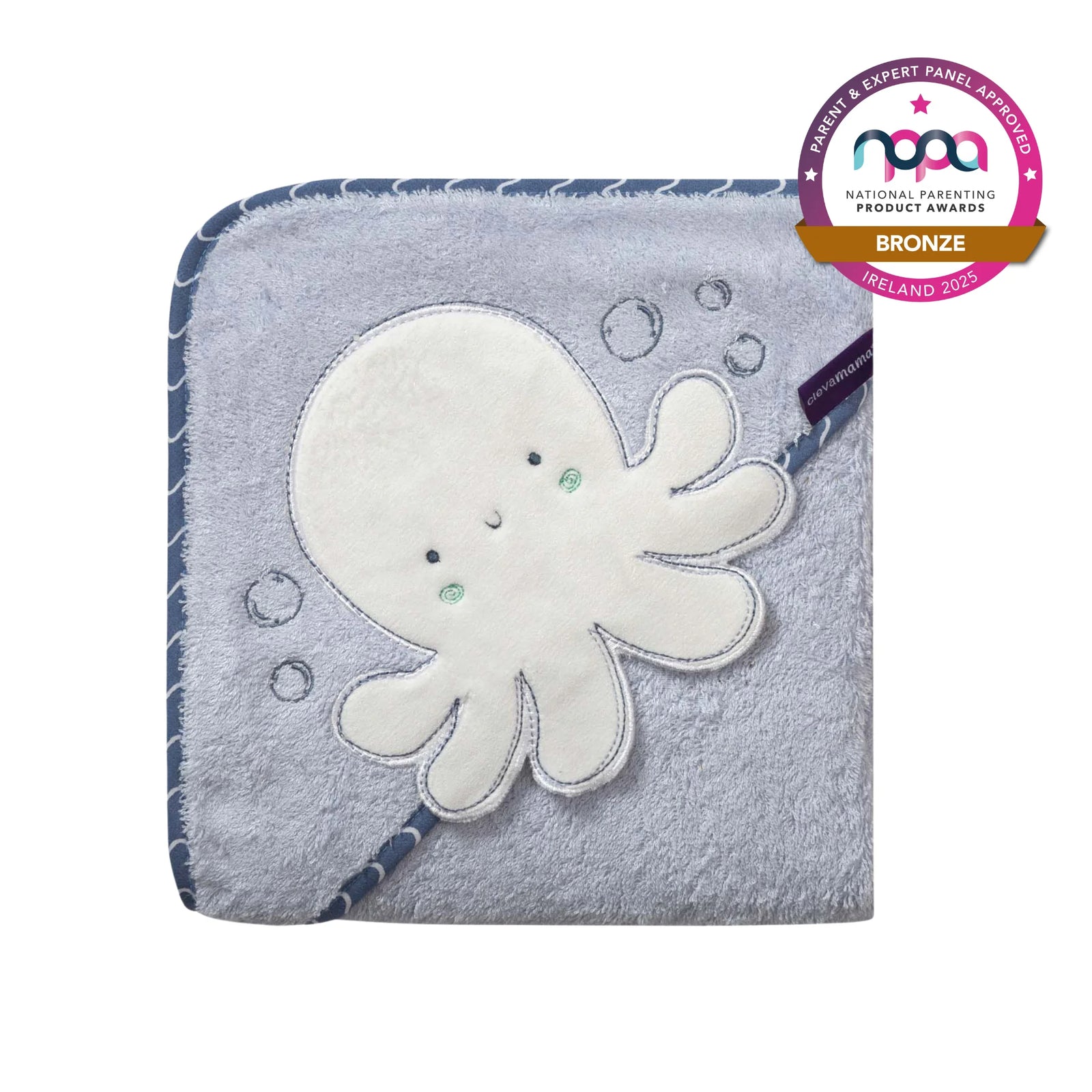 ClevaMama Baby Hooded Towel with Octopus design — soft absorbent baby bath towel made from plush cotton, gentle on newborn skin, perfect for bath time comfort. Award-winning National Parenting Product Awards 2025 Bronze winner.