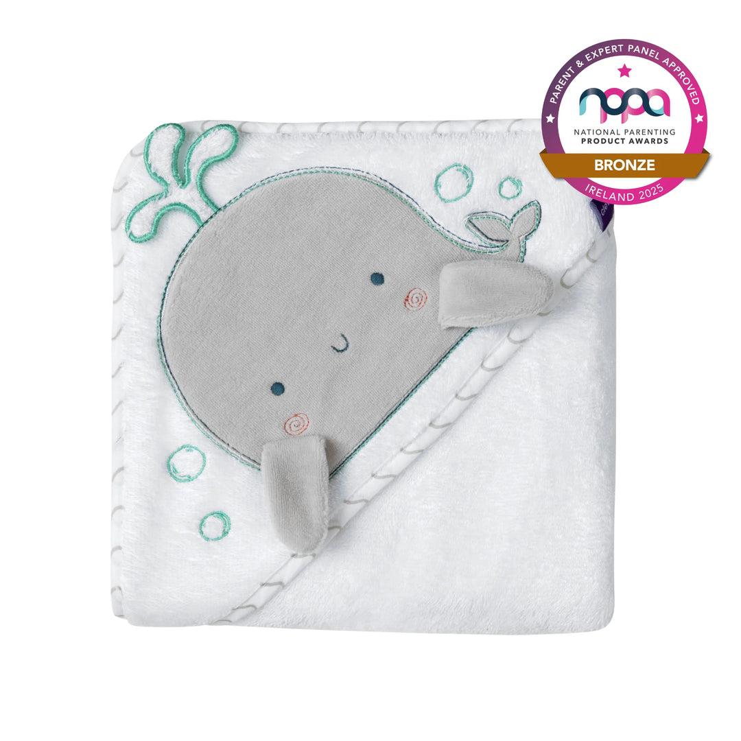 Children's hooded bath towel with whale design and NPPA award badge on a white background