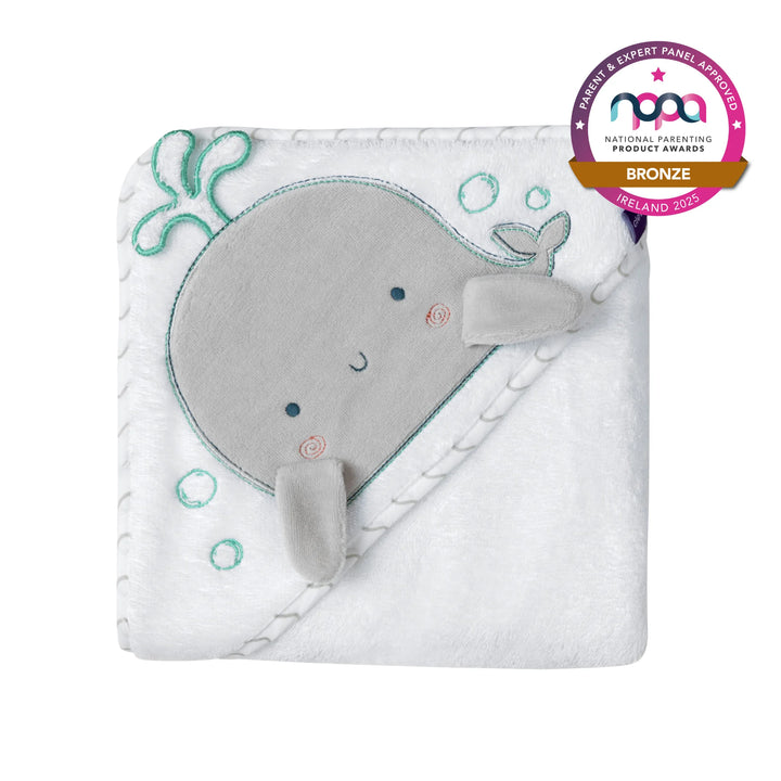 Children's hooded bath towel with whale design and NPPA award badge on a white background