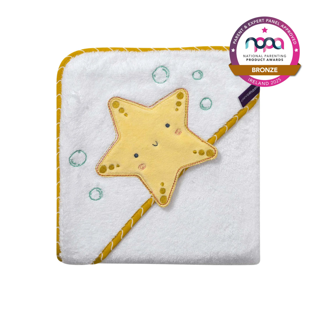 ClevaMama Baby Hooded Towel with Cute Starfish Design, soft absorbent cotton bath towel for newborns, infants, and toddlers, gentle on sensitive skin, winner of Bronze at National Parenting Product Awards 2025 Ireland.