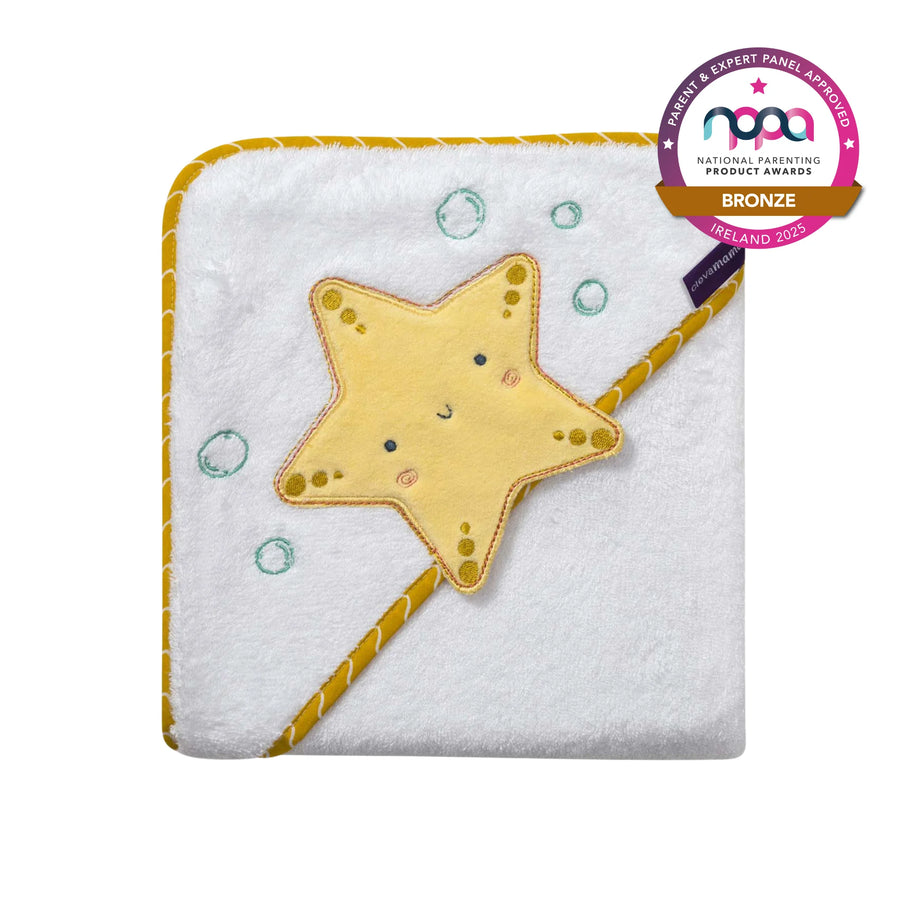 ClevaMama Baby Hooded Towel with Cute Starfish Design, soft absorbent cotton bath towel for newborns, infants, and toddlers, gentle on sensitive skin, winner of Bronze at National Parenting Product Awards 2025 Ireland.