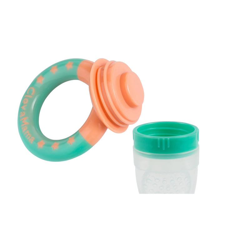 ClevaMama ClevaFeed fruit feeder components showing ring handle with screw top and separate silicone feeder with green lid on a white background.