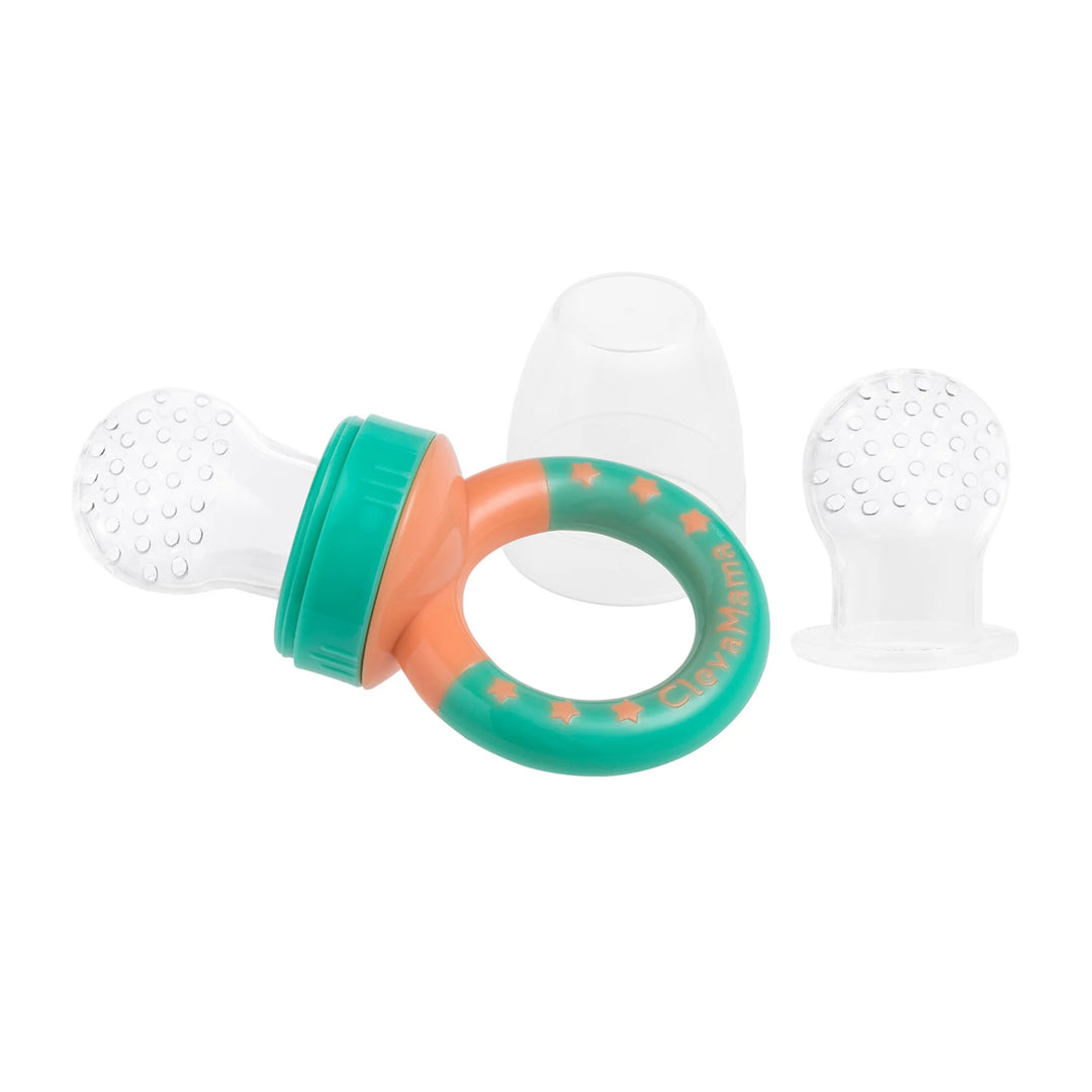 ClevaMama ClevaFeed fruit feeder with green and orange ring handle and silicone feeder tip, shown on a white background.