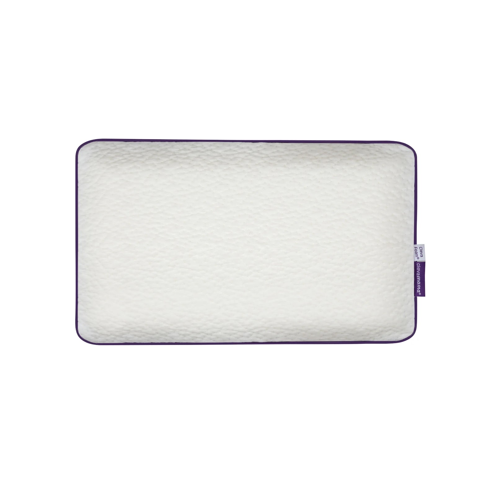ClevaMama ClevaFoam Baby Pillow — supportive, breathable memory foam pillow for babies, designed to protect the round shape of baby’s head and provide ultimate comfort, with soft white cover and purple edge trim.