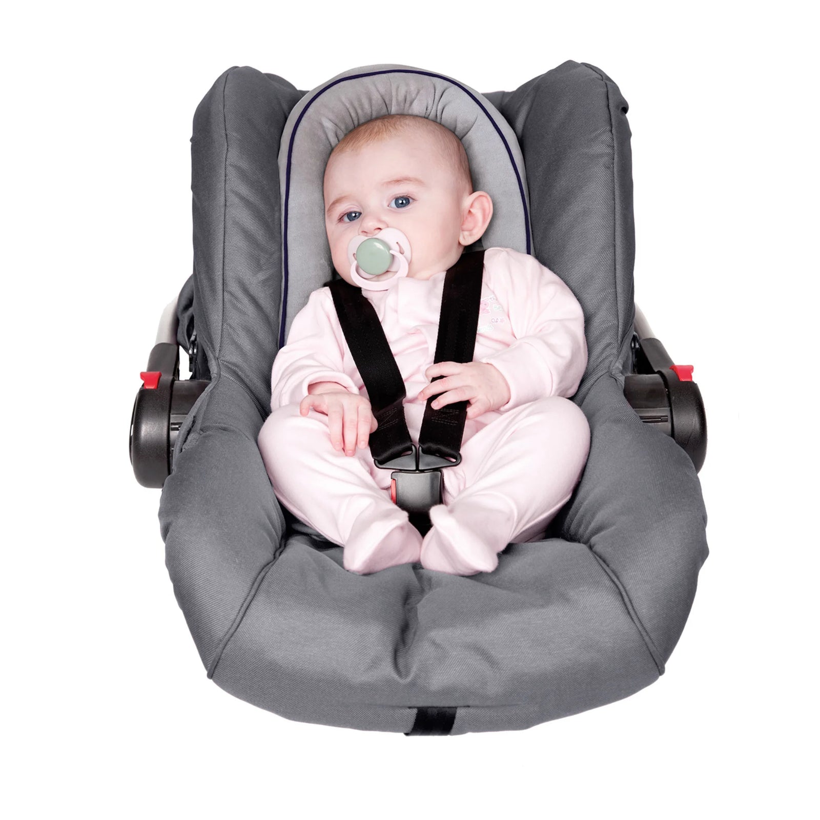 ClevaMama ClevaFoam Head and Neck Support — baby seated safely in car seat using ergonomic ClevaFoam insert for head and neck stability. Soft, breathable, and hypoallergenic infant support cushion helps prevent flat head syndrome and provides comfort for newborns during travel in car seats, strollers, and bouncers.