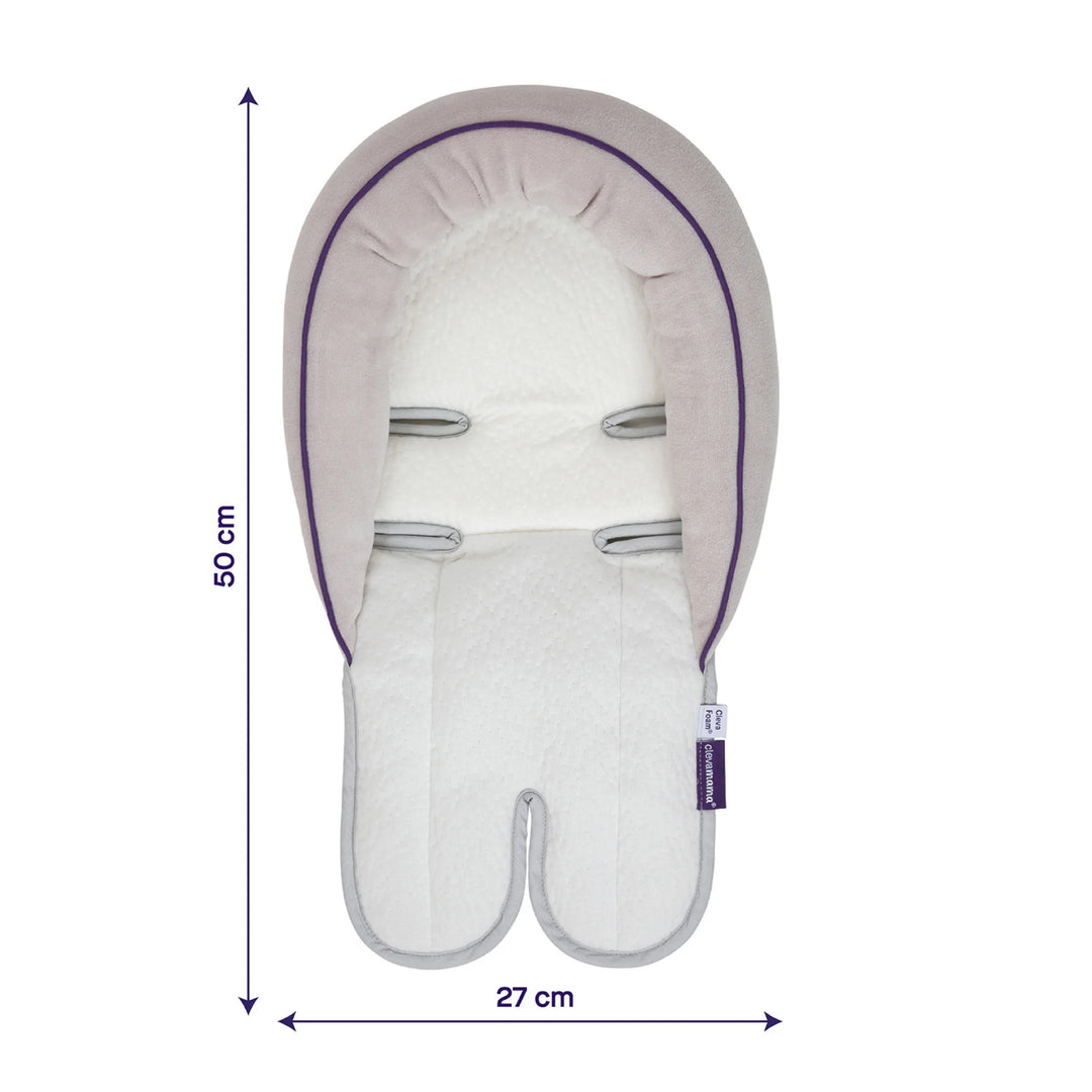 “ClevaMama ClevaFoam Head and Neck Support dimensions — 50 cm x 27 cm baby head and body cushion insert. Ergonomic newborn support pillow made from ClevaFoam for superior comfort and flat head syndrome prevention. Fits most car seats, strollers, and bouncers; soft white and grey design with purple trim