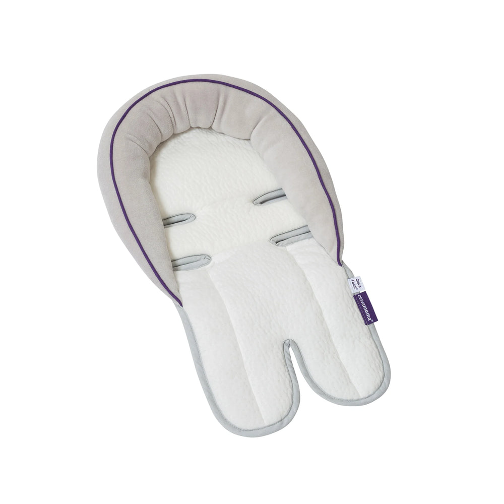 ClevaMama ClevaFoam Head and Neck Support baby insert — ergonomic infant cushion with soft memory foam, white and grey design with purple trim. Provides head and neck stability for newborns in car seats, strollers, bouncers, and swings. Made from ClevaFoam to help prevent flat head syndrome and support comfortable positioning.
