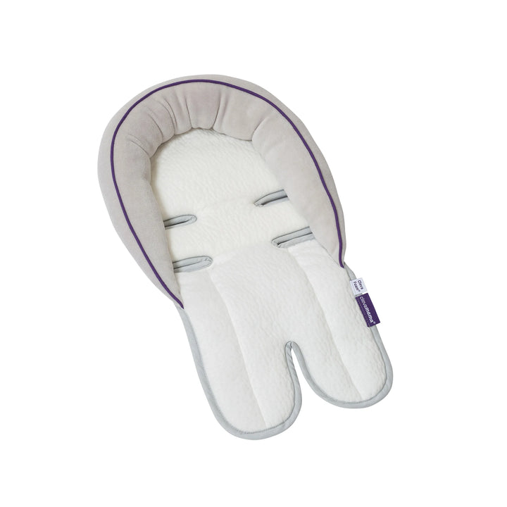 ClevaMama ClevaFoam Head and Neck Support baby insert — ergonomic infant cushion with soft memory foam, white and grey design with purple trim. Provides head and neck stability for newborns in car seats, strollers, bouncers, and swings. Made from ClevaFoam to help prevent flat head syndrome and support comfortable positioning.