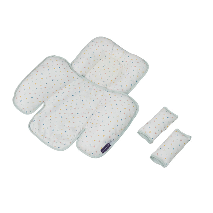ClevaMama ClevaFoam Head and Neck Support in Terrazzo design — ergonomic baby headrest and body support cushion with two removable side pads, designed for car seats, strollers, and bouncers. Made from ClevaFoam technology to reduce flat head syndrome, provides breathable comfort and neck stability for newborns and infants.