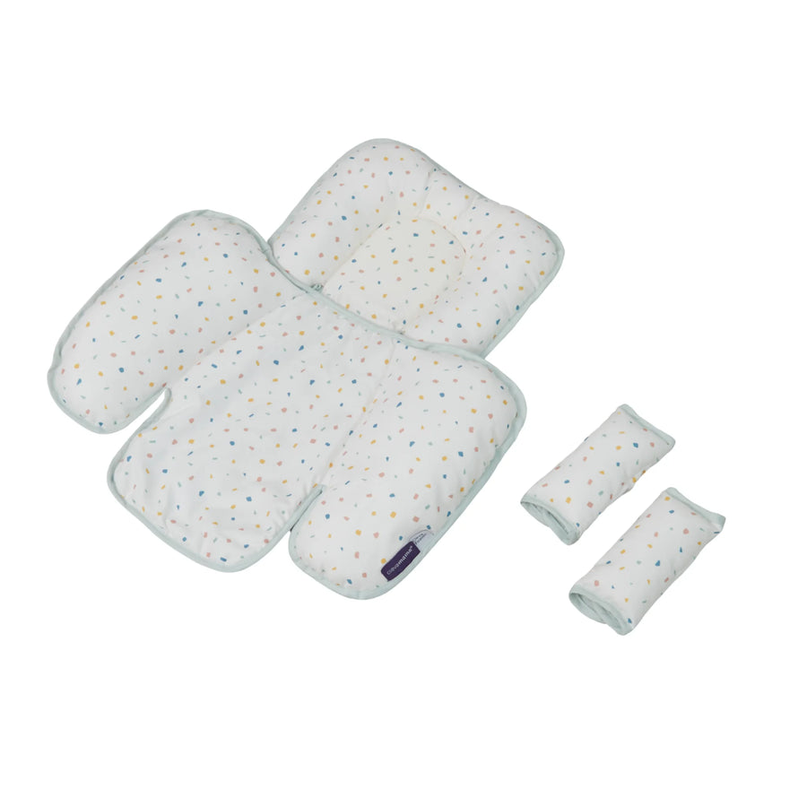ClevaMama ClevaFoam Head and Neck Support in Terrazzo design — ergonomic baby headrest and body support cushion with two removable side pads, designed for car seats, strollers, and bouncers. Made from ClevaFoam technology to reduce flat head syndrome, provides breathable comfort and neck stability for newborns and infants.