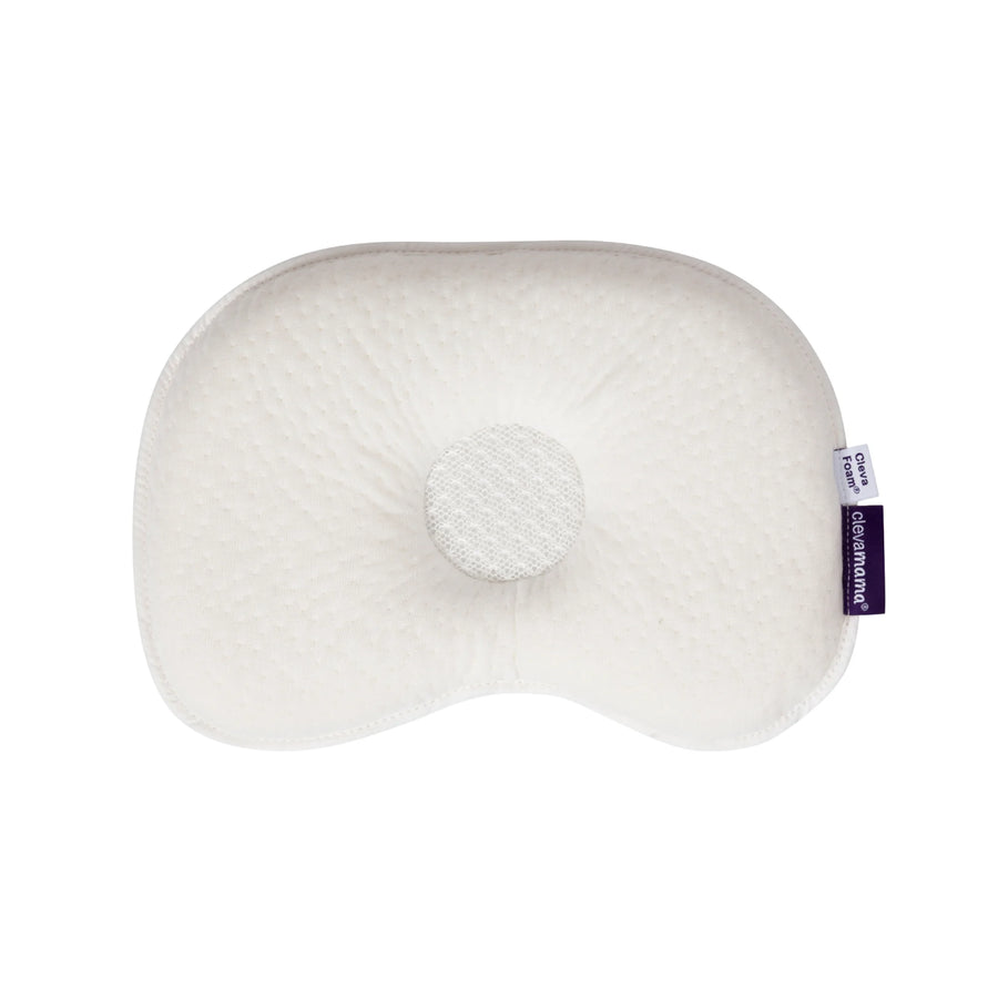 ClevaMama ClevaFoam Baby Head Pillow – supportive newborn pillow designed to prevent flat head syndrome, breathable memory foam cushion for infants with removable washable cover.