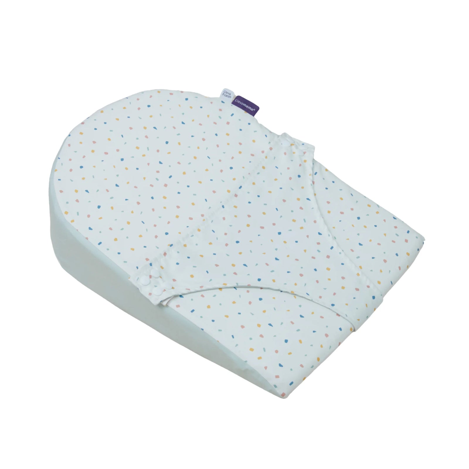 ClevaMama ClevaFoam Reflux Wedge Elevated Support in terrazzo design — breathable anti-reflux baby wedge made with ClevaFoam technology to gently elevate newborns, reduce reflux and congestion, and promote safe, comfortable sleep.