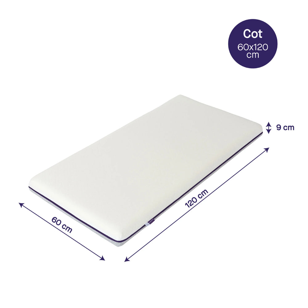 Clevamama Waterproof Support Cot Mattress 60x120 cm with 9 cm depth — breathable, hypoallergenic, and durable baby mattress offering firm support and 100% waterproof protection. Perfect for newborns and toddlers, ensuring safe, comfortable, and hygienic sleep in standard cots.