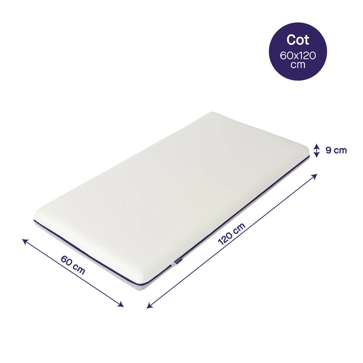 Clevamama Waterproof Support Cot Mattress 60x120 cm with 9 cm depth — breathable, hypoallergenic, and durable baby mattress offering firm support and 100% waterproof protection. Perfect for newborns and toddlers, ensuring safe, comfortable, and hygienic sleep in standard cots.