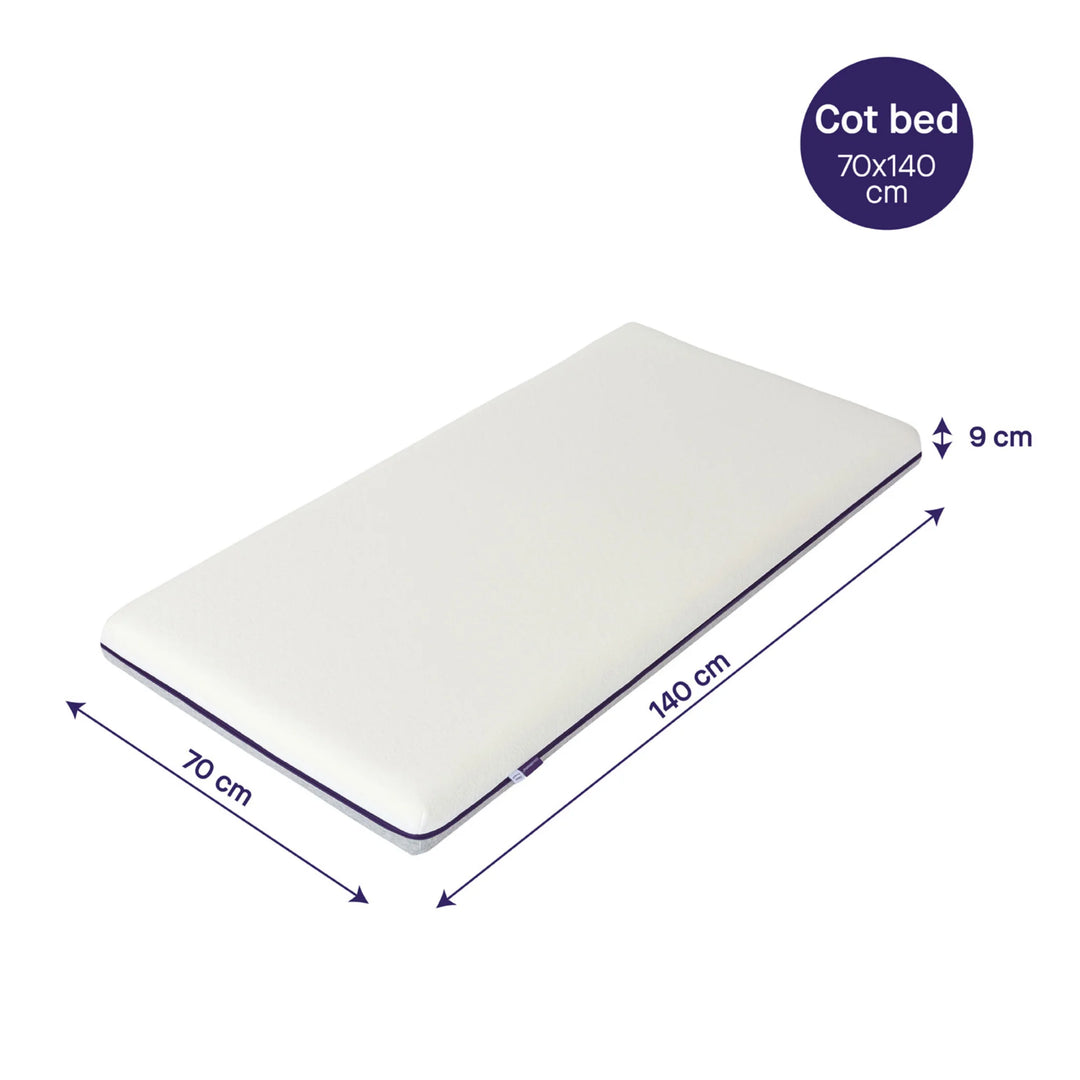 Clevamama Waterproof Support Cot Bed Mattress 70x140 cm with 9 cm depth – breathable, hypoallergenic baby and toddler mattress providing firm support and 100% waterproof protection. Perfect for cot beds, ensuring safe, hygienic, and comfortable sleep for growing babies.