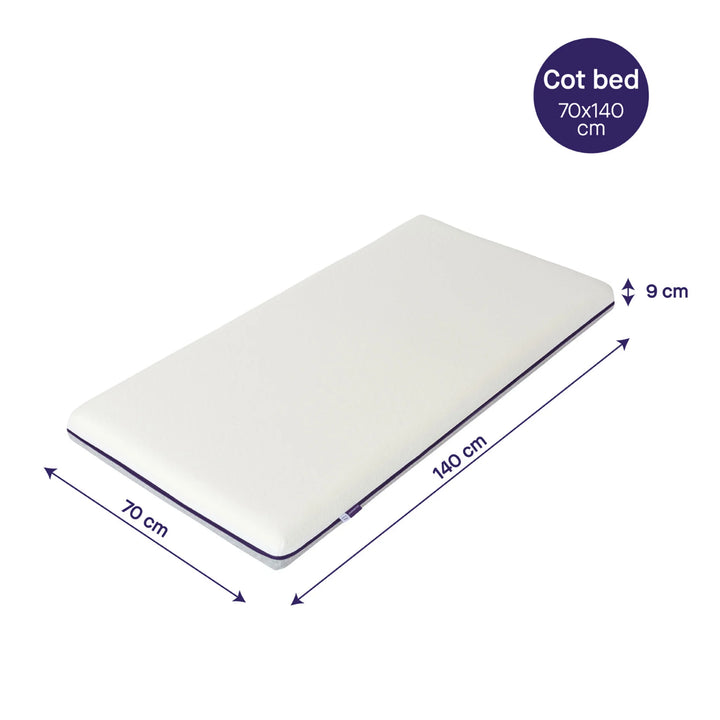 Clevamama Waterproof Support Cot Bed Mattress 70x140 cm with 9 cm depth – breathable, hypoallergenic baby and toddler mattress providing firm support and 100% waterproof protection. Perfect for cot beds, ensuring safe, hygienic, and comfortable sleep for growing babies.