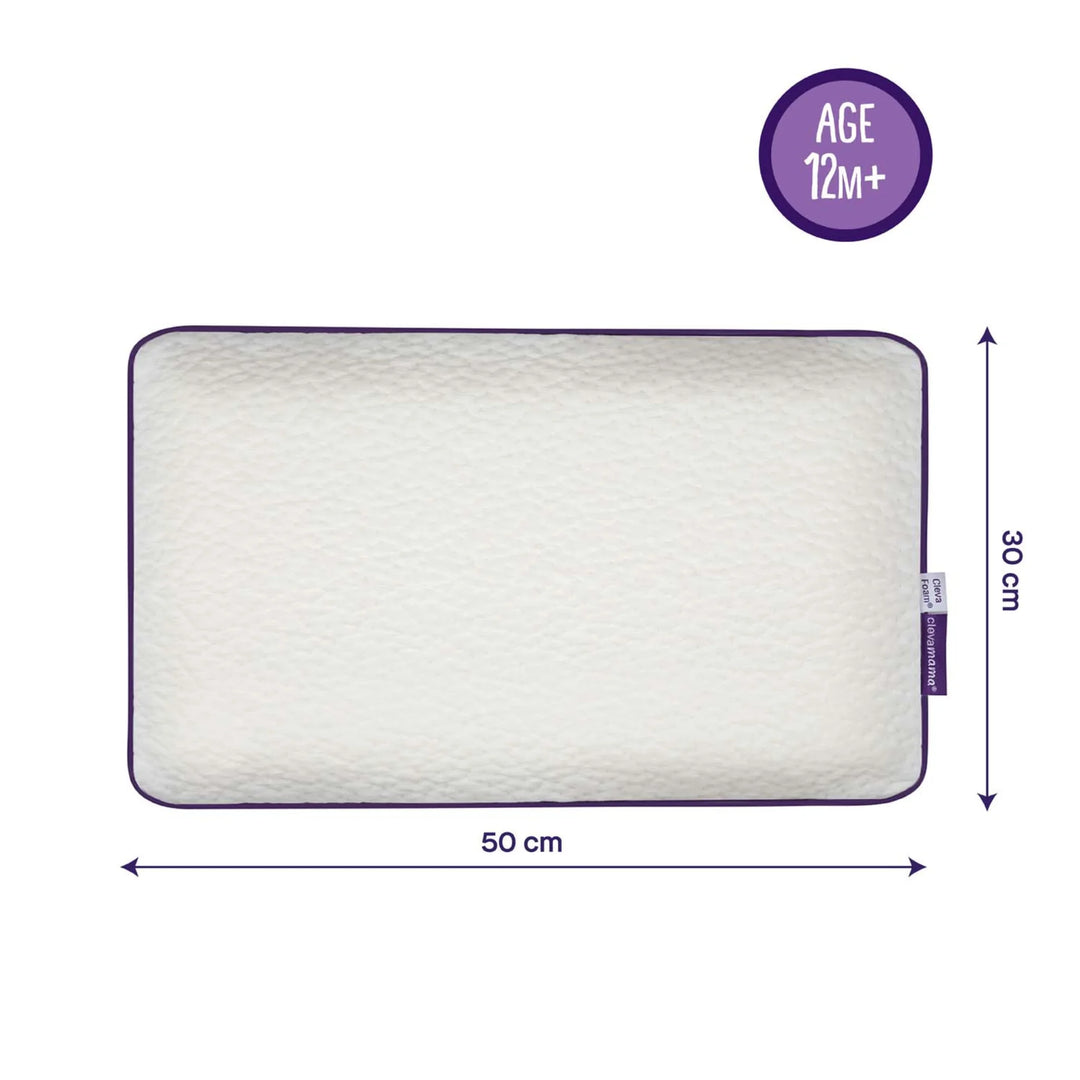 Clevamama ClevaFoam Toddler Pillow – supportive, breathable memory foam pillow for toddlers aged 12 months and over. Measures 50 cm x 30 cm, designed to promote healthy spine and neck alignment. Hypoallergenic, soft, and perfect for cot or toddler bed to ensure safe, comfortable sleep.
