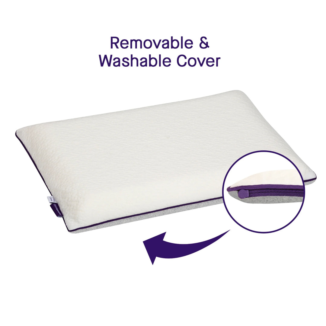 Clevamama ClevaFoam Toddler Pillow with removable and washable cover – breathable, hypoallergenic memory foam pillow designed for toddlers. Features a soft, supportive ClevaFoam® core with a zippered, machine-washable cover for easy cleaning. Ideal for promoting healthy head and neck alignment and comfortable toddler sleep.